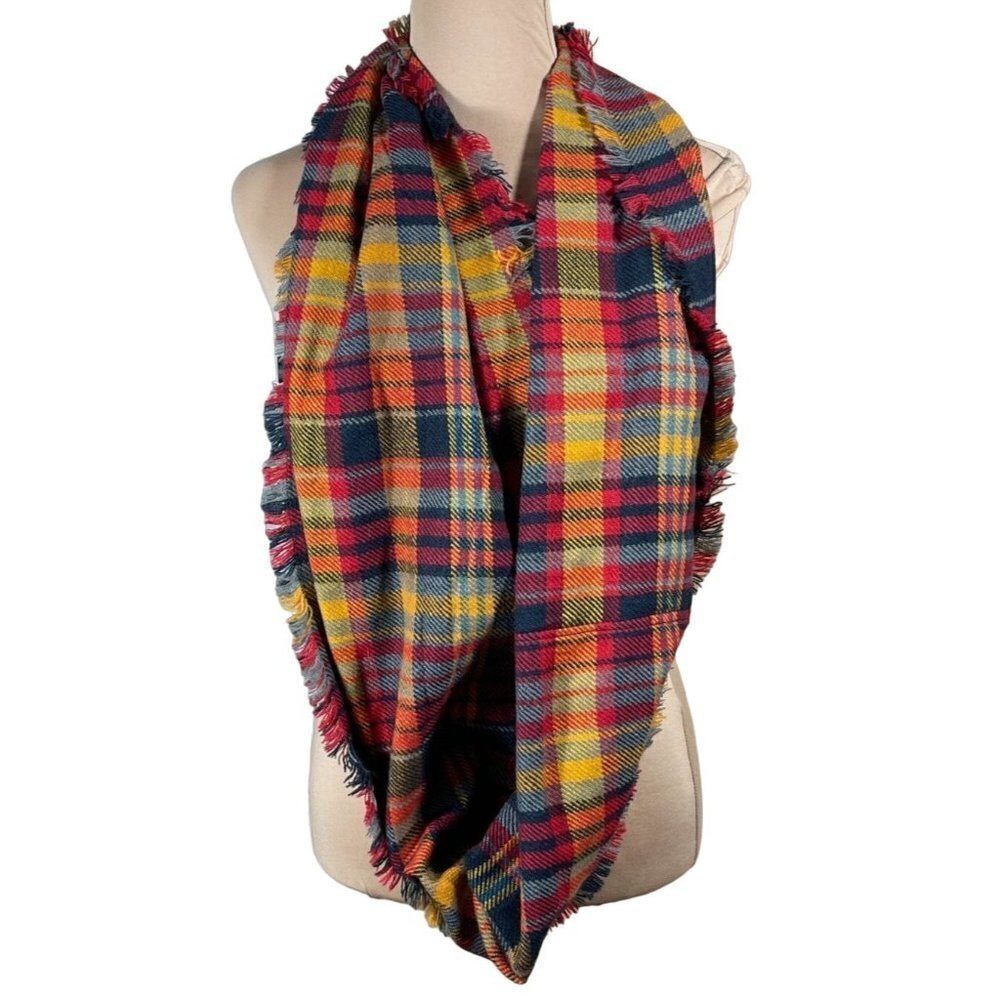 Unbranded Women's Flannel Infinity Scarf Red Yellow Black Plaid Fringe